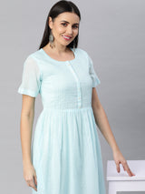 Cotton mul half sleeve dress with pintuck and buttoned placket