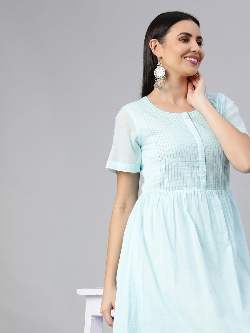 Cotton mul half sleeve dress with pintuck and buttoned placket