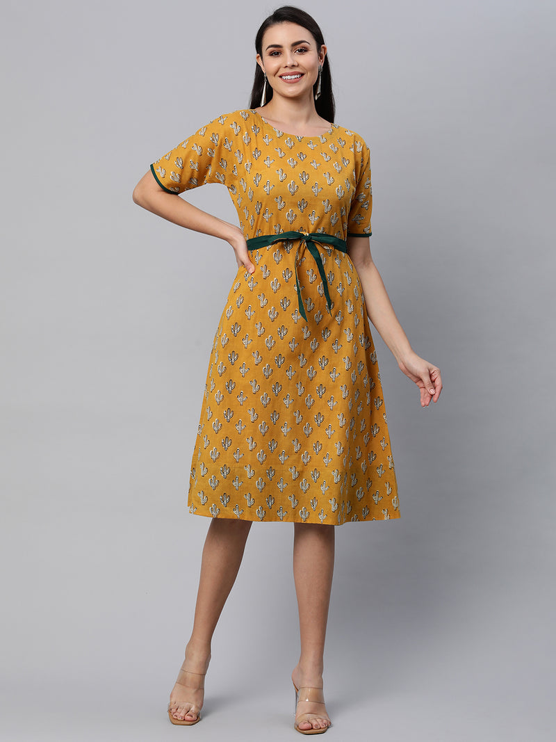 Udaan - Printed kimono sleeves cotton dress with panel and waist belt