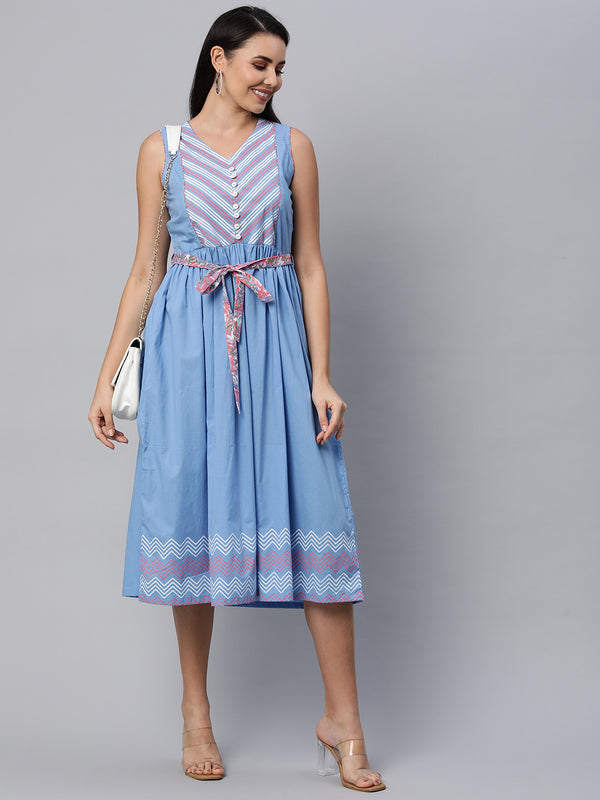 Block printed sleeveless cotton dress with gathers and belt