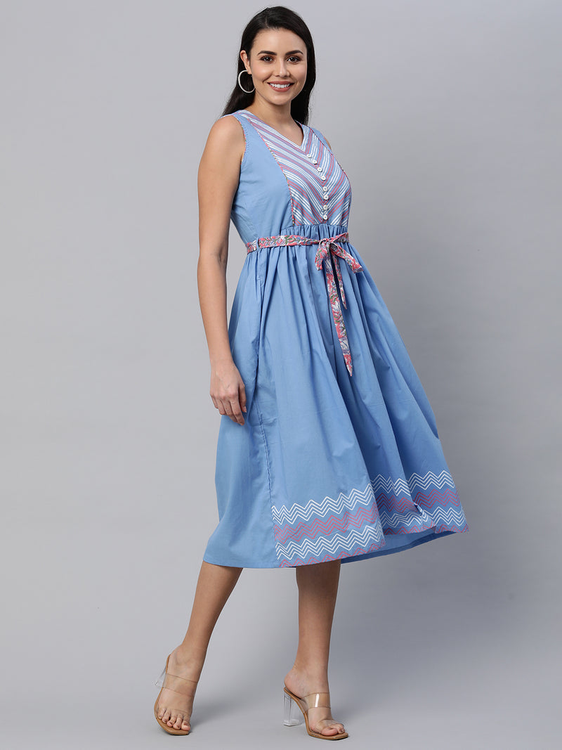 Block printed sleeveless cotton dress with gathers and belt