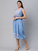 Block printed sleeveless cotton dress with gathers and belt