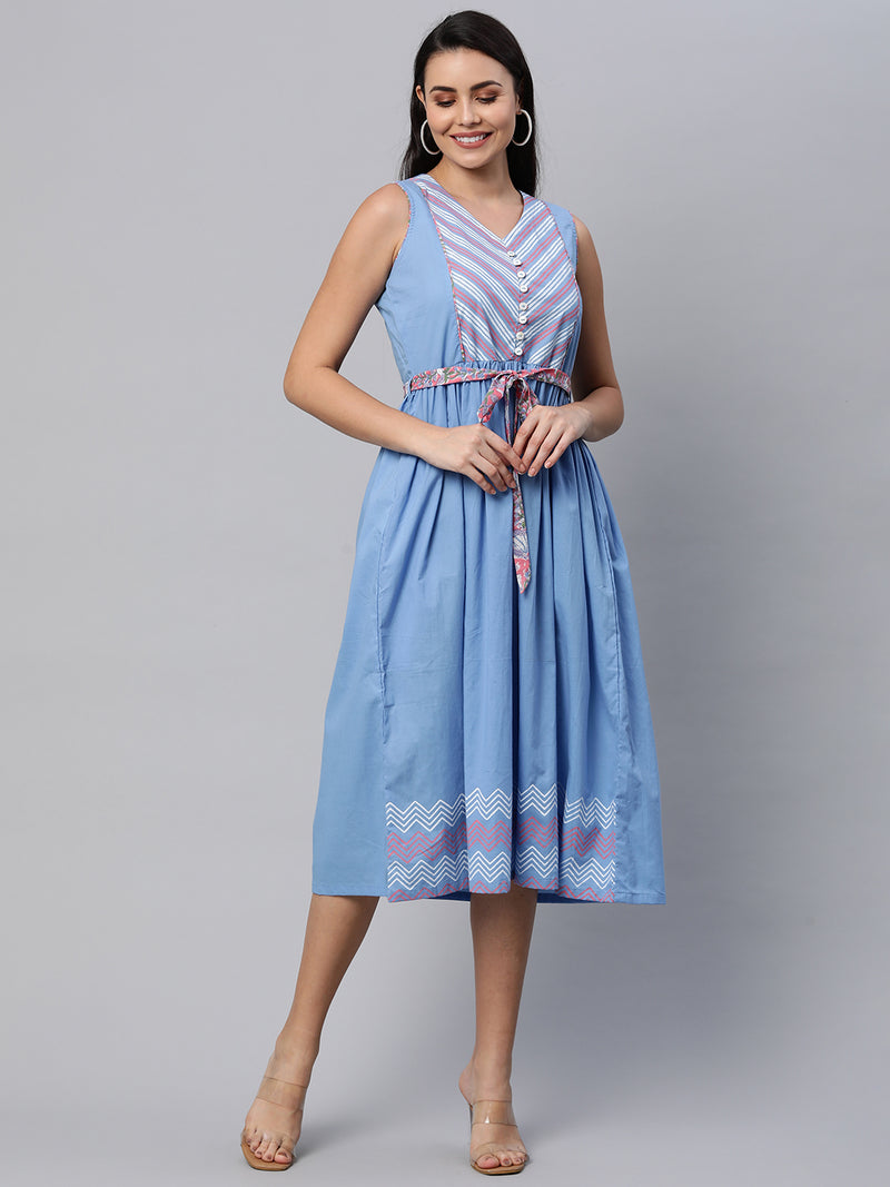 Block printed sleeveless cotton dress with gathers and belt