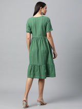 Cotton dobby half sleeve dress with gathering and buttoned placket