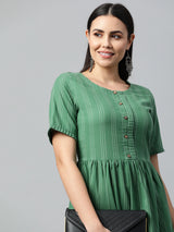 Cotton dobby half sleeve dress with gathering and buttoned placket