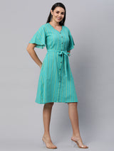 Cotton dobby dress with flared sleeves and buttoned placket