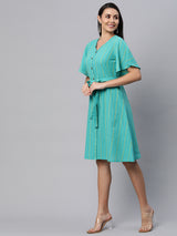 Cotton dobby dress with flared sleeves and buttoned placket