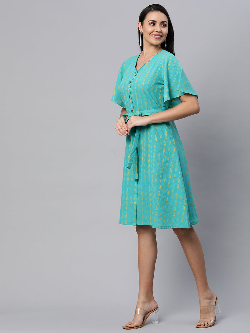 Cotton dobby dress with flared sleeves and buttoned placket