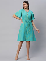 Cotton dobby dress with flared sleeves and buttoned placket