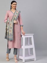 Printed Straight kurta with pants and printed dupatta