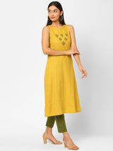 A line sleeveless cotton kurta with block print and handwork