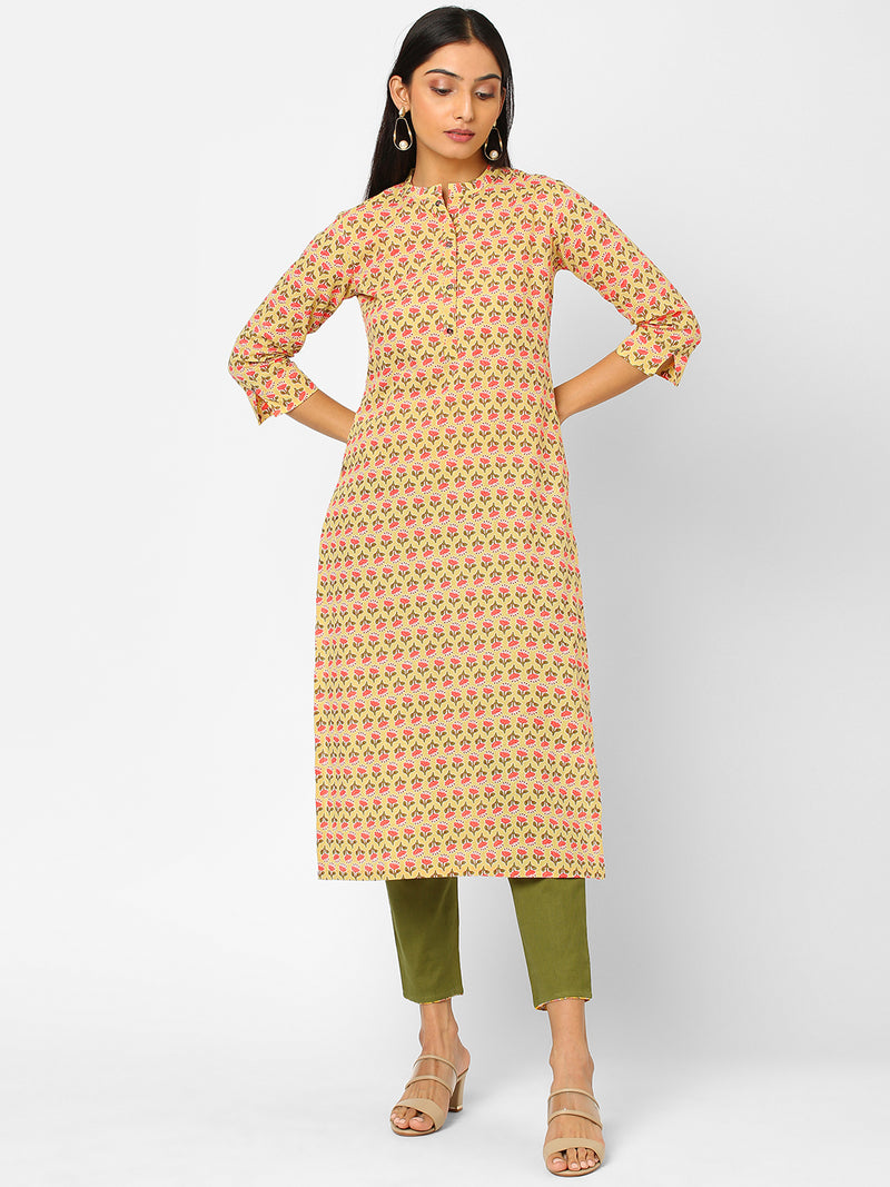 Printed straight fit cotton Kurta with 3/4 sleeve