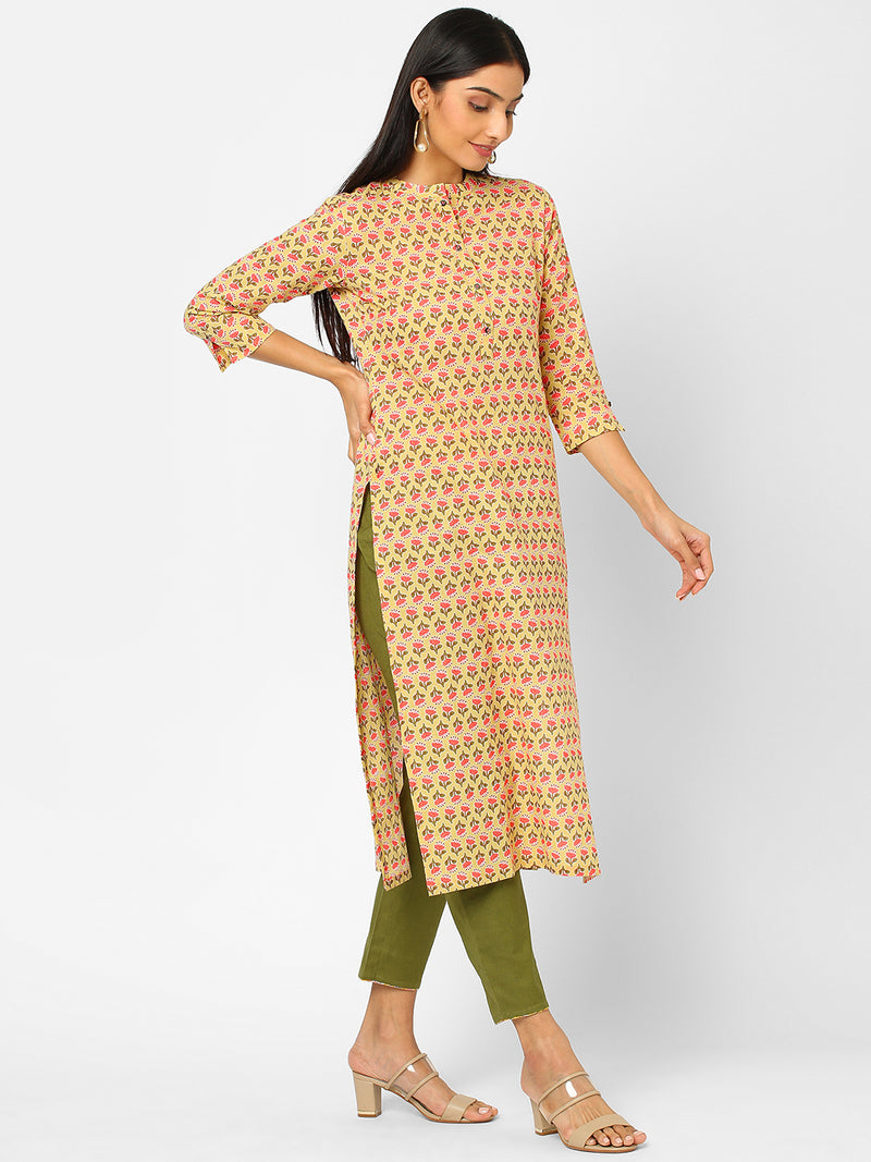 Printed straight fit cotton Kurta with 3/4 sleeve