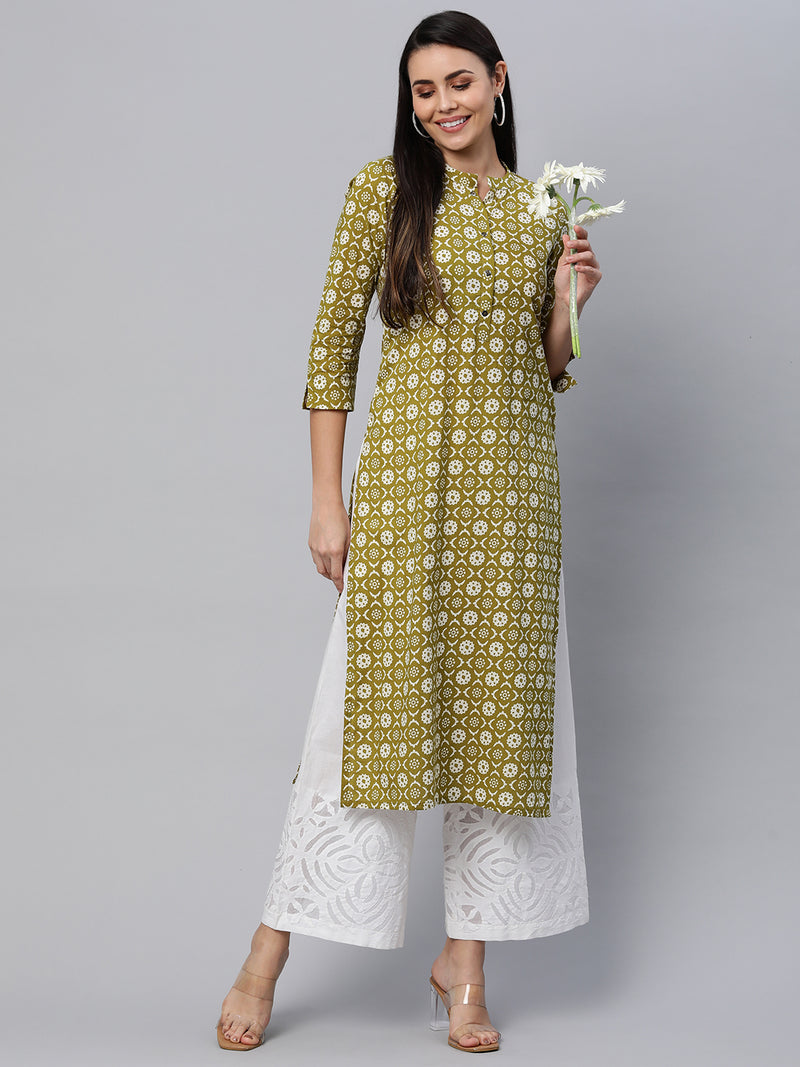 Printed straight fit cotton Kurta with 3/4 sleeve