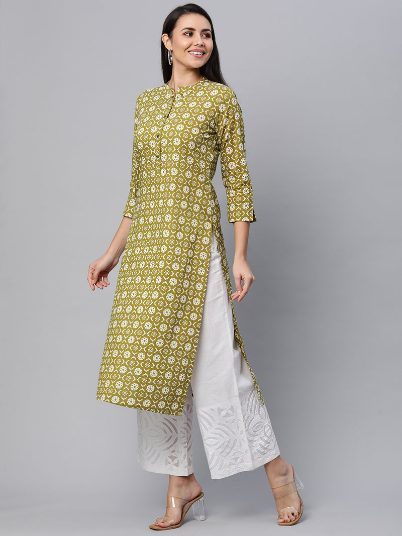 Printed straight fit cotton Kurta with 3/4 sleeve