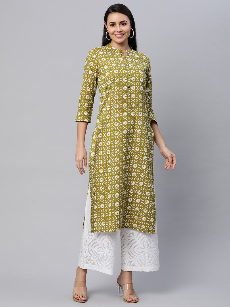 Printed straight fit cotton Kurta with 3/4 sleeve