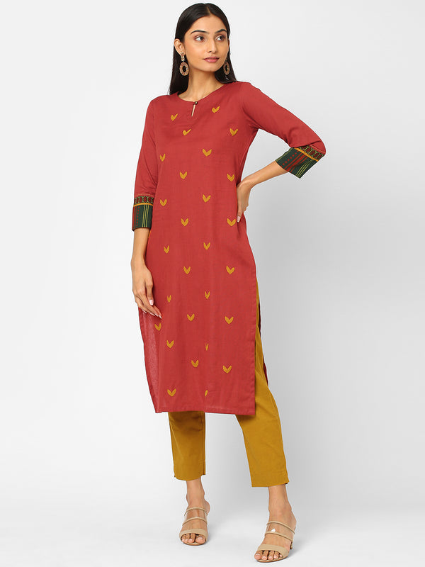 Straight fit cotton flex kurta with all over applique work and ajrakh print