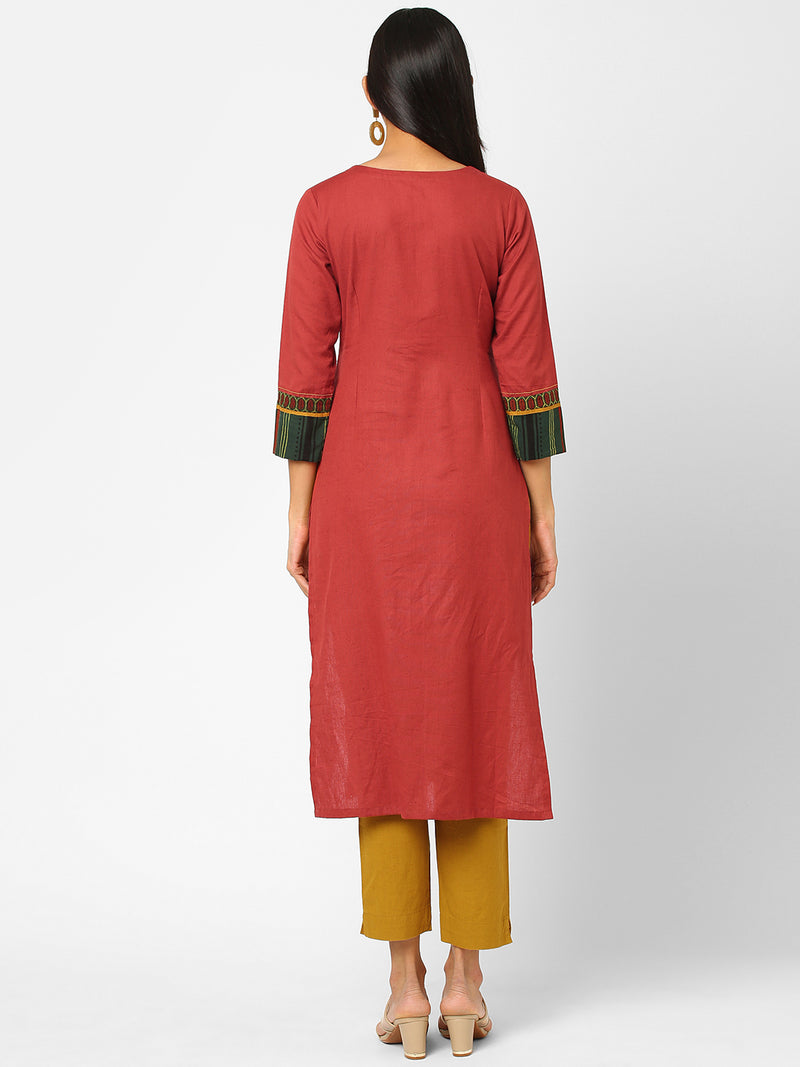 Straight fit cotton flex kurta with all over applique work and ajrakh print