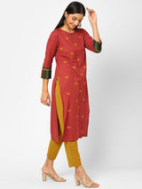 Straight fit cotton flex kurta with all over applique work and ajrakh print