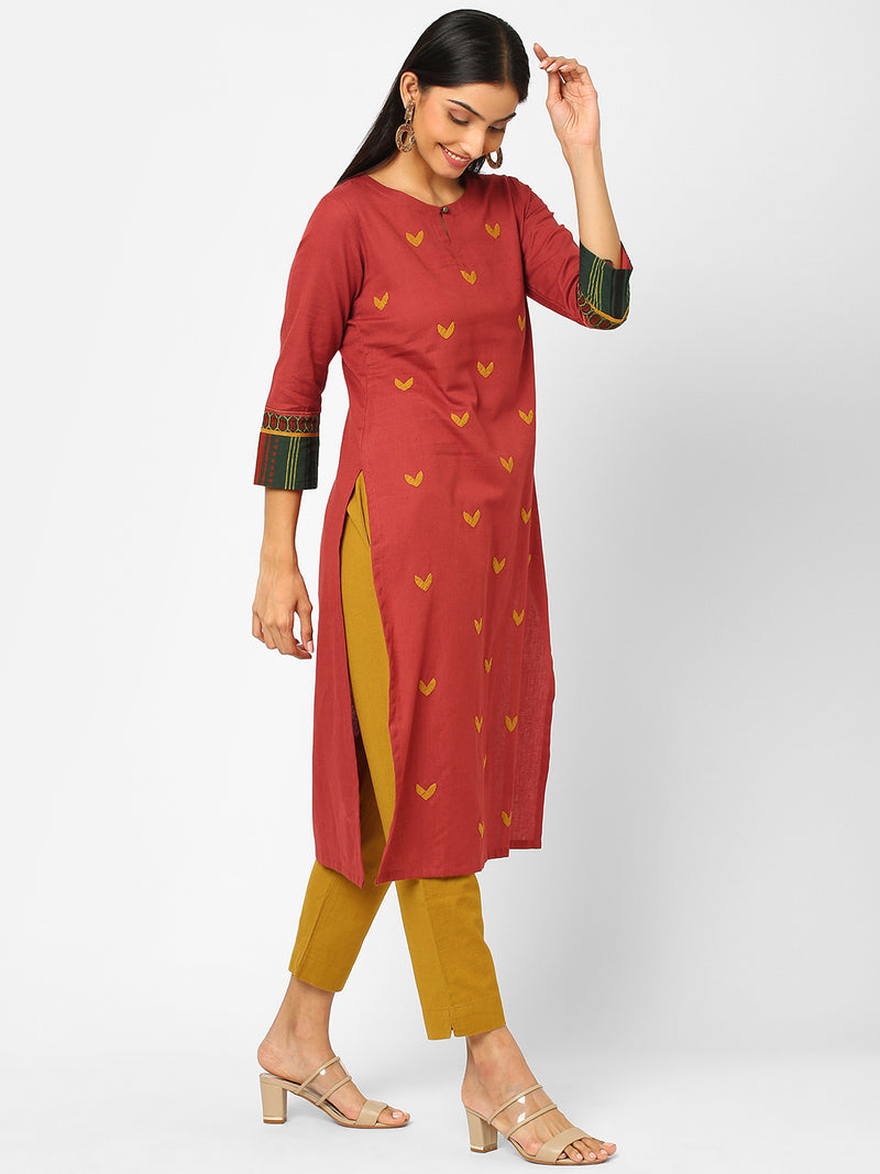 Straight fit cotton flex kurta with all over applique work and ajrakh print