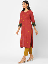 Straight fit cotton flex kurta with all over applique work and ajrakh print