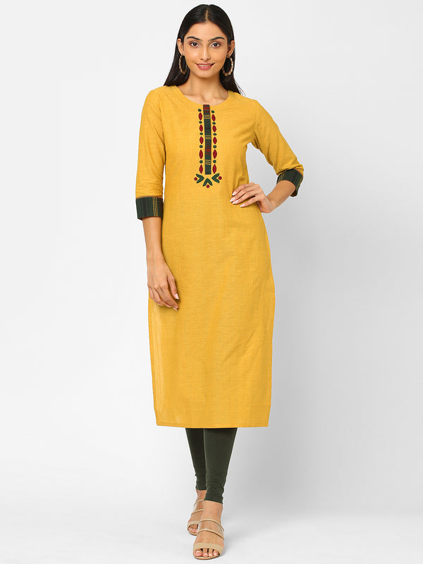 Straight fit cotton  kurta with applique work, ajrakh print and handwork on sleeves