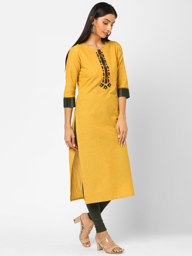 Straight fit cotton  kurta with applique work, ajrakh print and handwork on sleeves