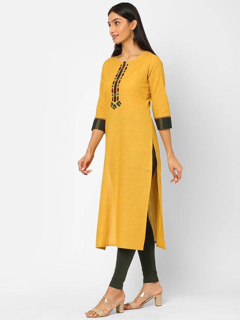 Straight fit cotton  kurta with applique work, ajrakh print and handwork on sleeves