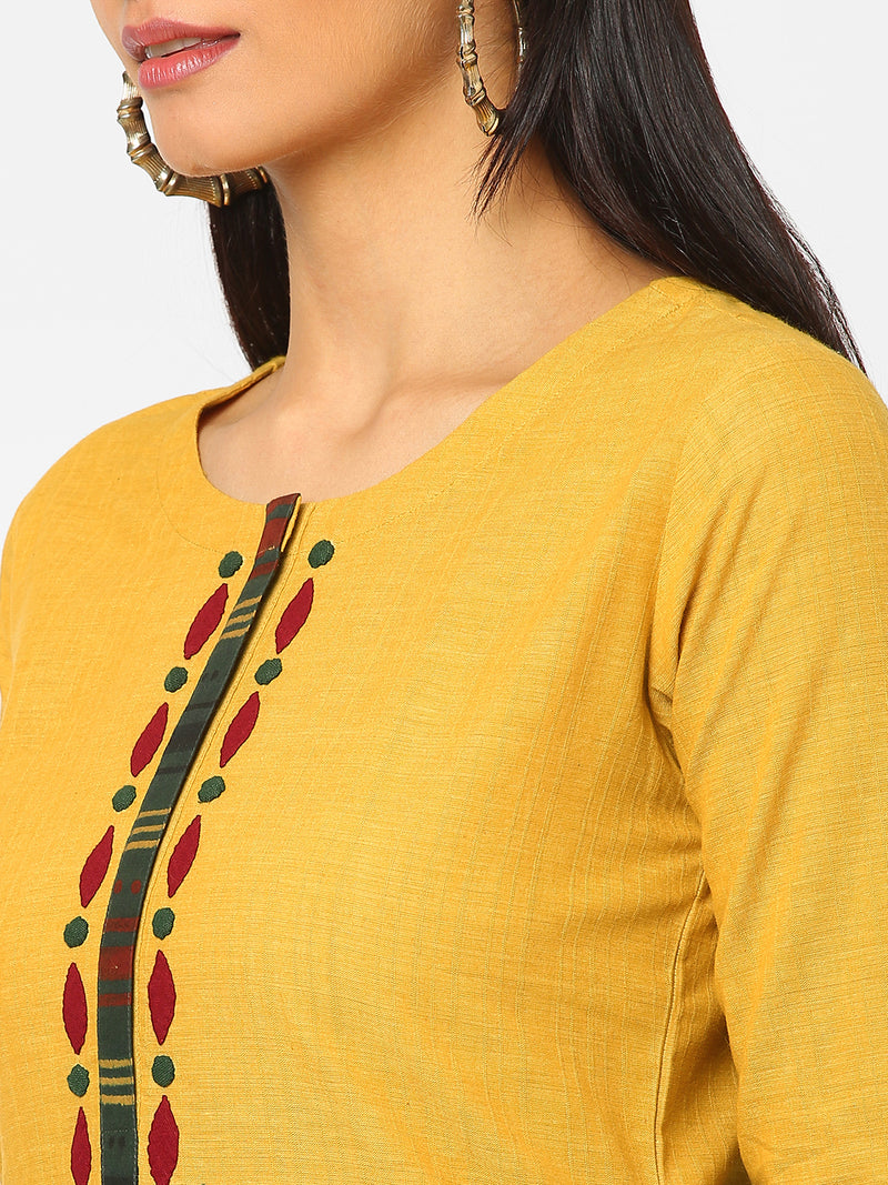 Straight fit cotton  kurta with applique work, ajrakh print and handwork on sleeves