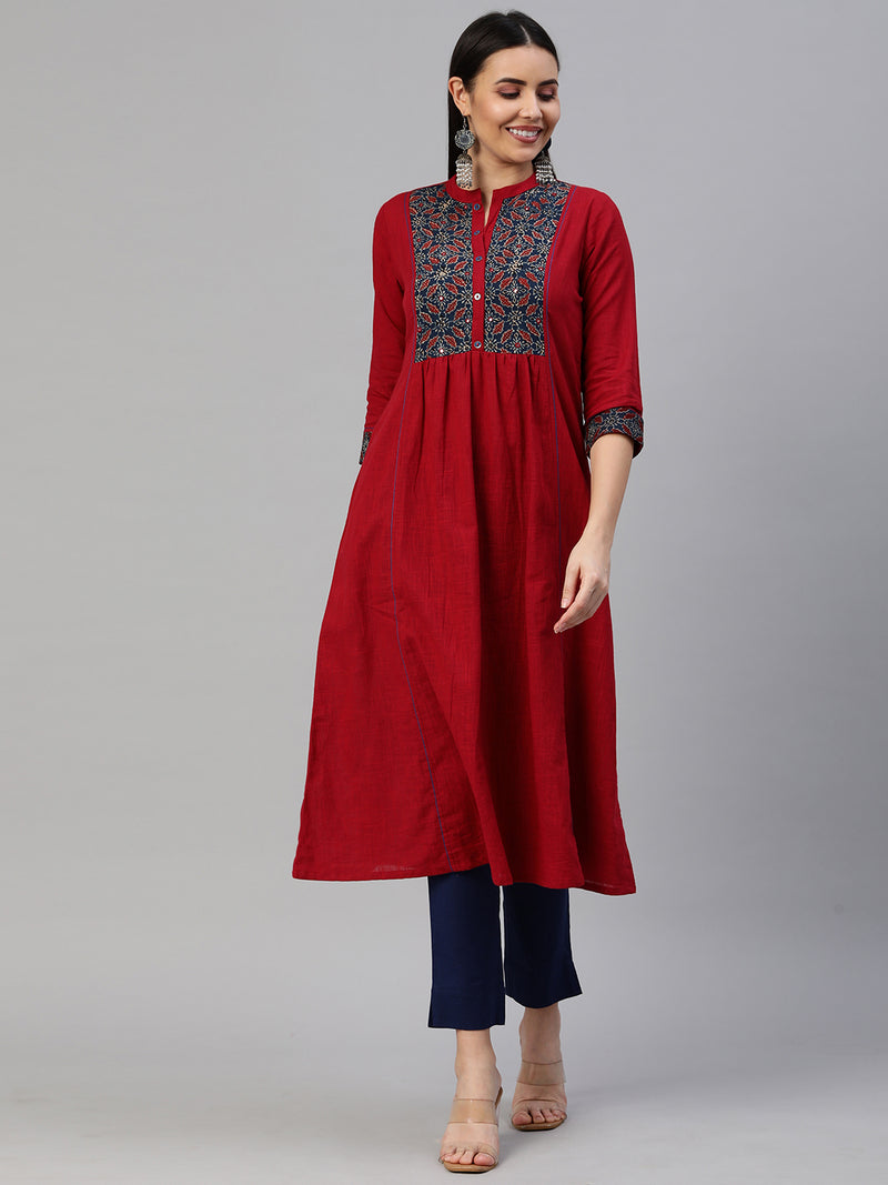 Khoobsurat - Cotton flared kurta with ajrakh yoke and gathering detail