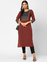 Straight fit cotton printed kurta with yoke and mirror handwork