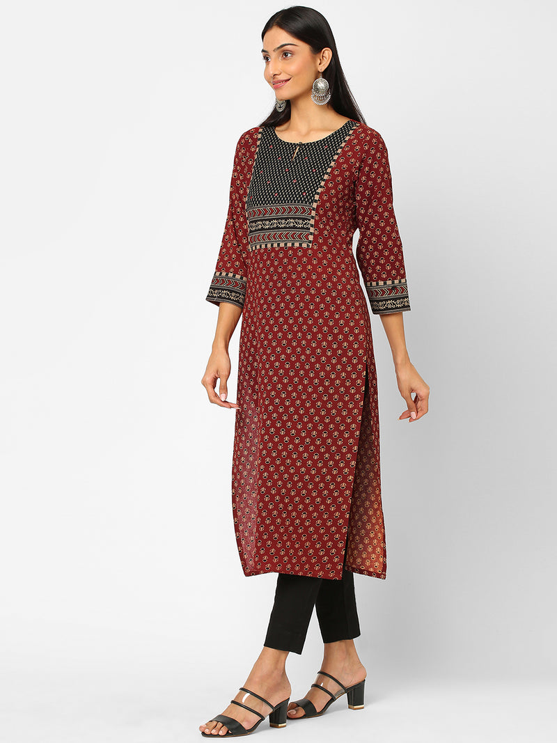 Straight fit cotton printed kurta with yoke and mirror handwork