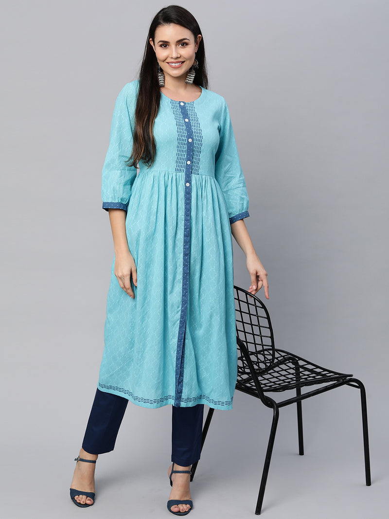 Block Printed flared cotton Dobby Kurta with gathering.