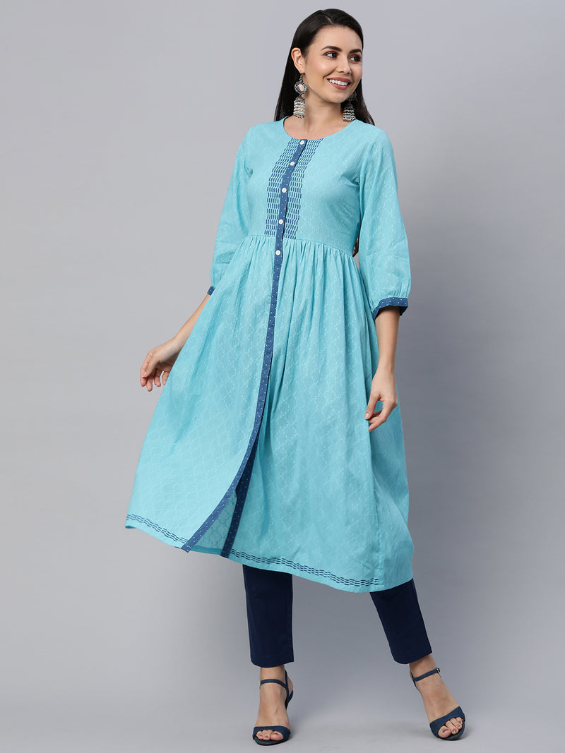 Block Printed flared cotton Dobby Kurta with gathering.