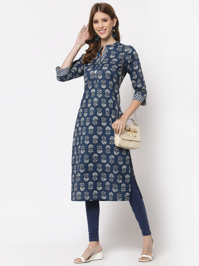 Udaan - Straight fit cotton printed kurta with mandarin collar and sleeve detailing