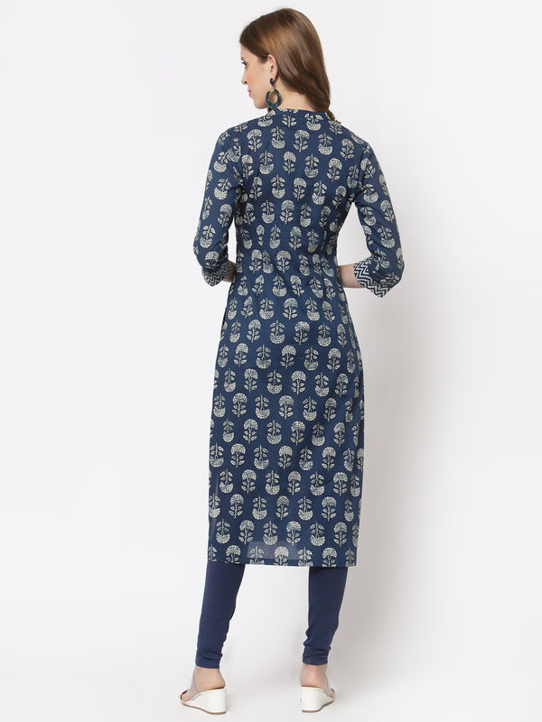 Udaan - Straight fit cotton printed kurta with mandarin collar and sleeve detailing