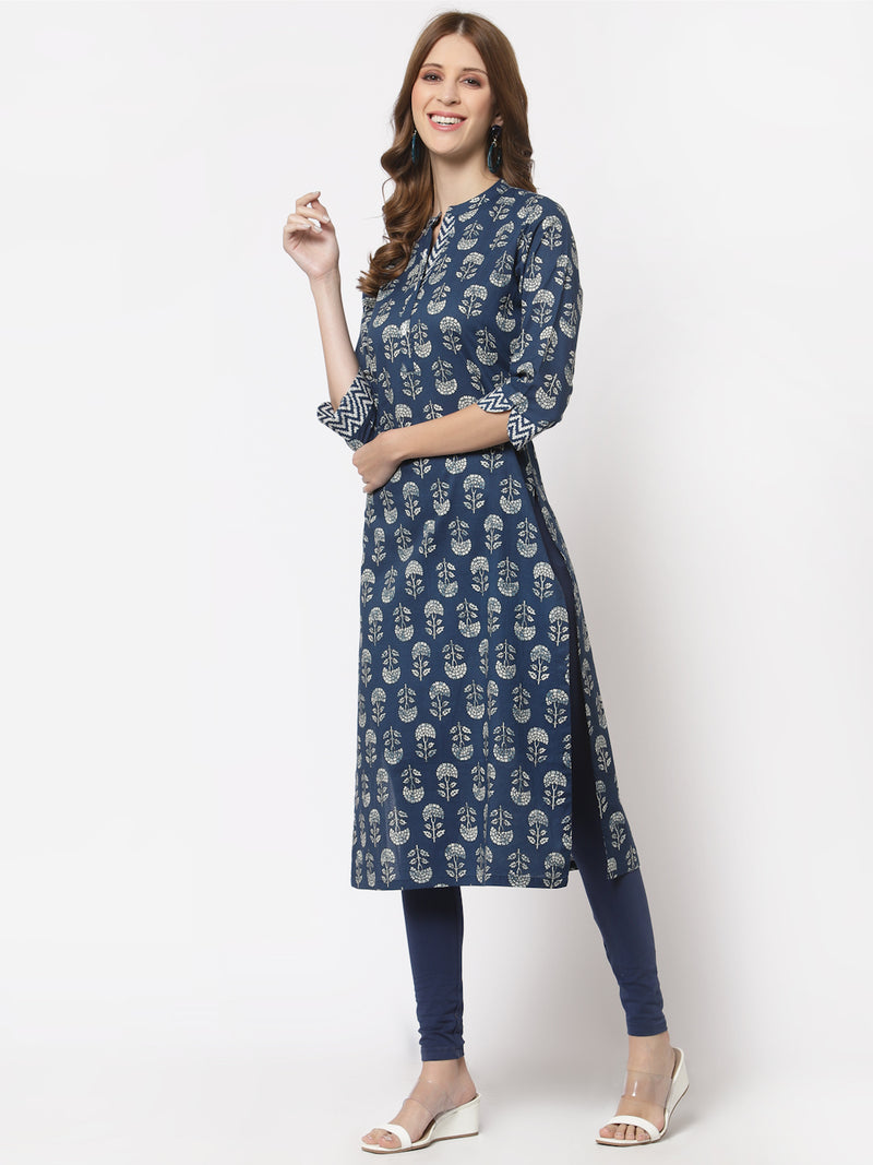 Udaan - Straight fit cotton printed kurta with mandarin collar and sleeve detailing