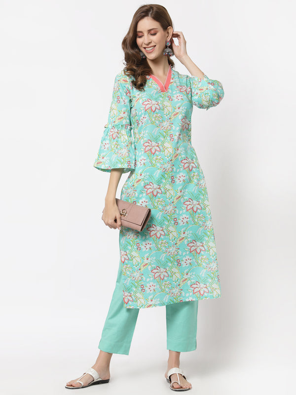 Straight fit Cotton printed kurta with handwork and flared sleeves