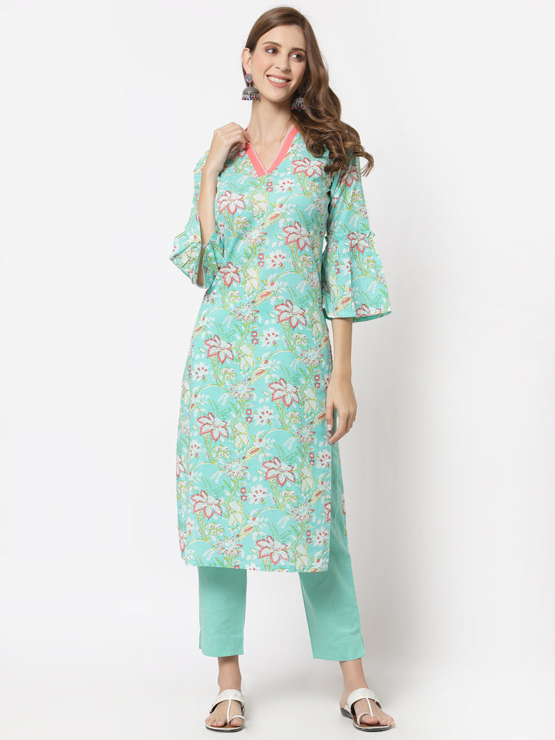 Straight fit Cotton printed kurta with handwork and flared sleeves