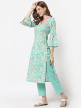 Straight fit Cotton printed kurta with handwork and flared sleeves