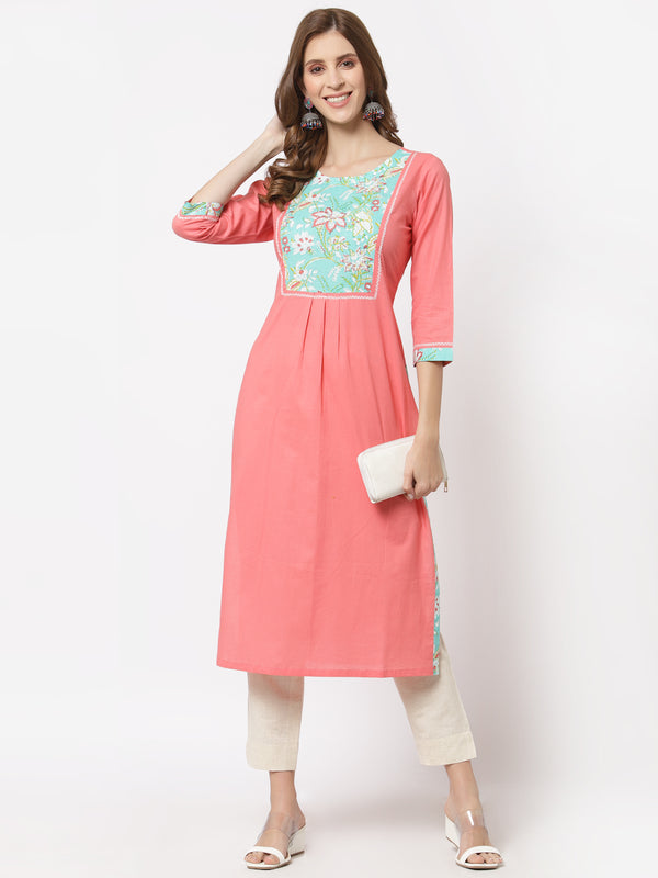 Straight fit cotton kurta with floral printed yoke