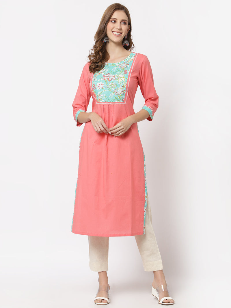 Straight fit cotton kurta with floral printed yoke