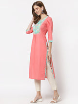 Straight fit cotton kurta with floral printed yoke