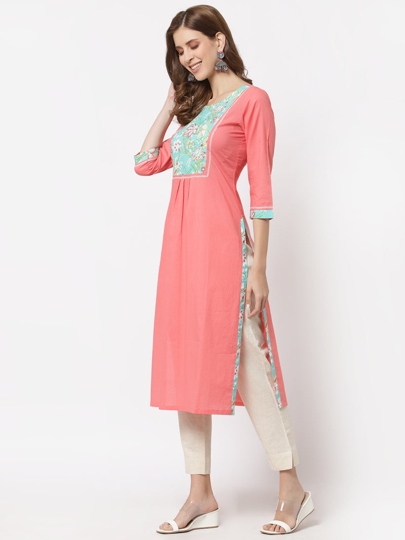 Straight fit cotton kurta with floral printed yoke