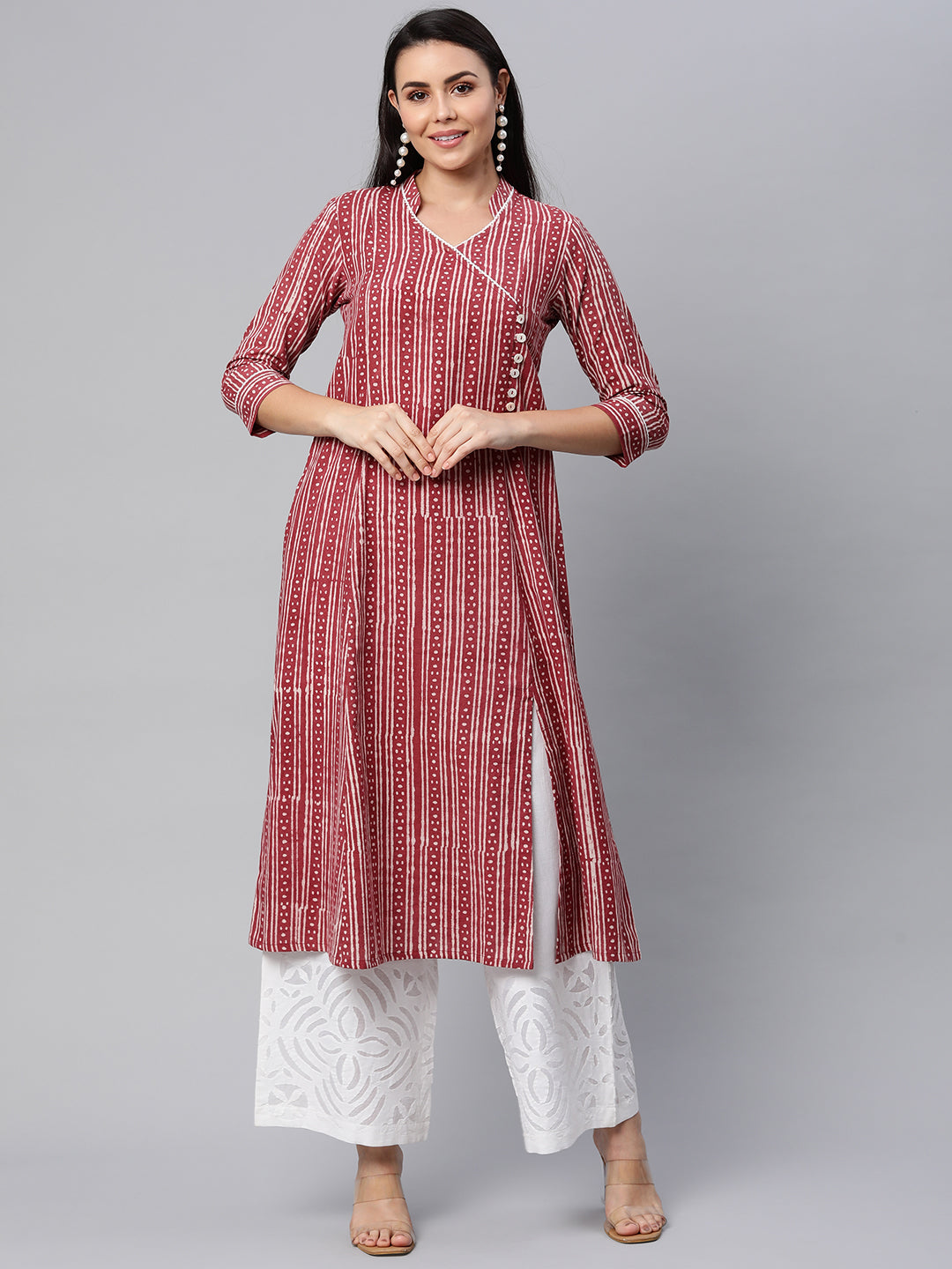 Udaan - Flared printed cotton kurta with mock overlap and lace detaili ...