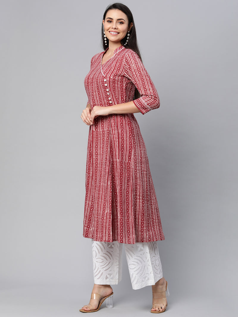 Udaan - Flared printed cotton kurta with mock overlap and lace detailing