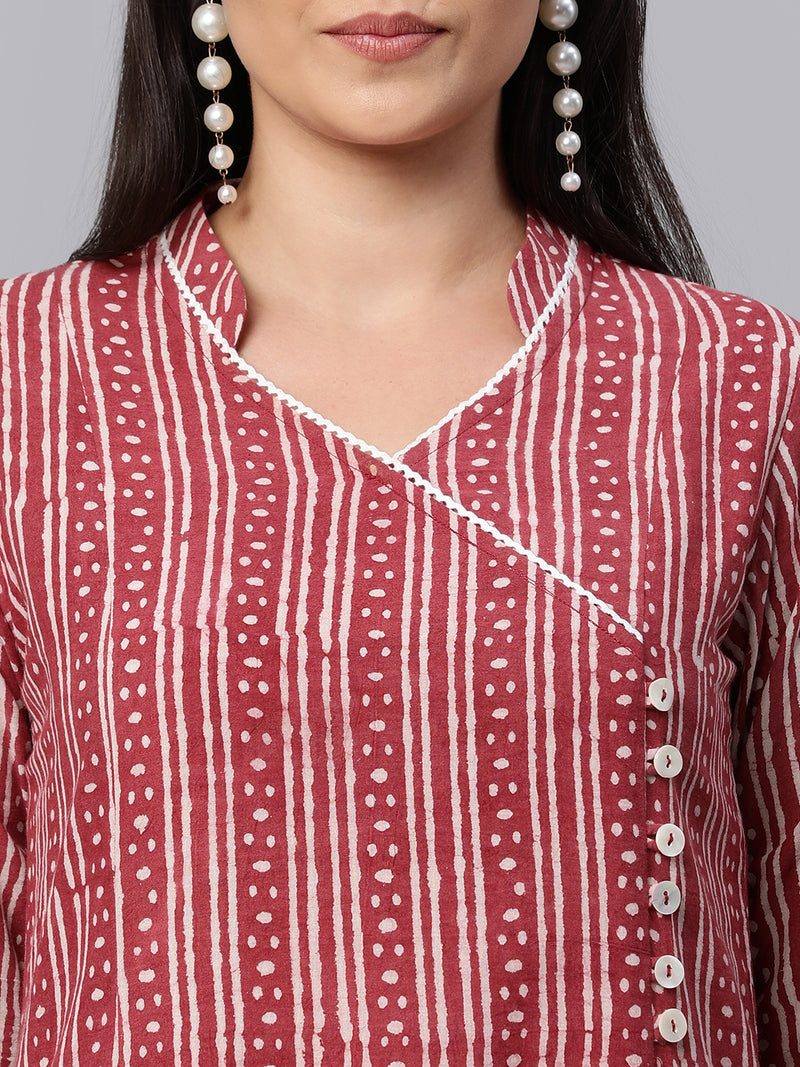 Udaan - Flared printed cotton kurta with mock overlap and lace detailing