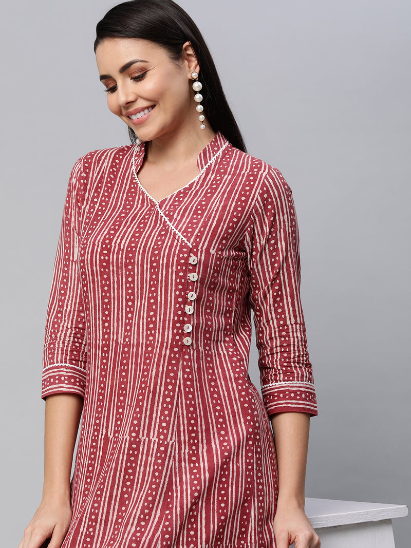 Udaan - Flared printed cotton kurta with mock overlap and lace detailing