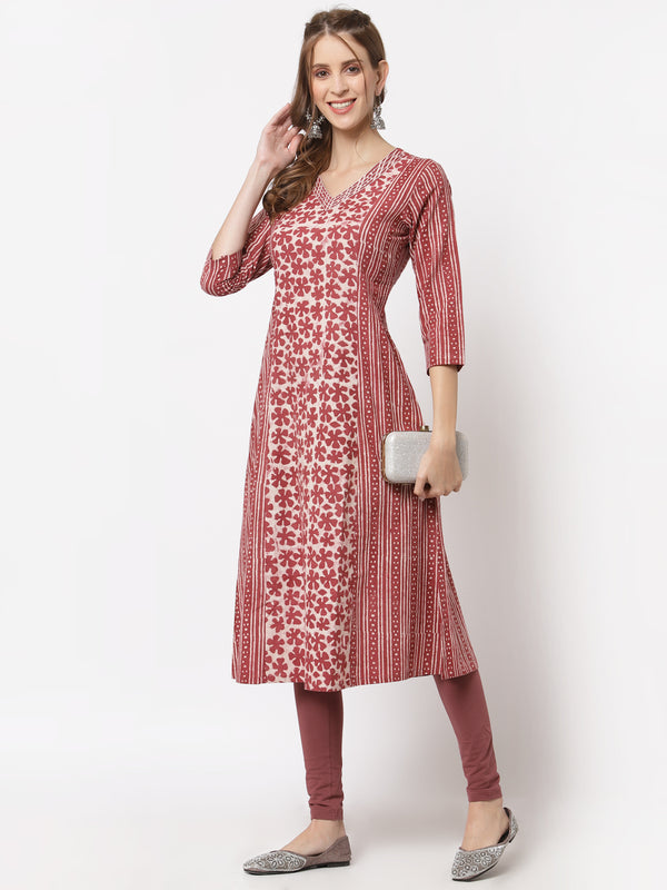 Udaan - Printed a line cotton kurta with stitch line details