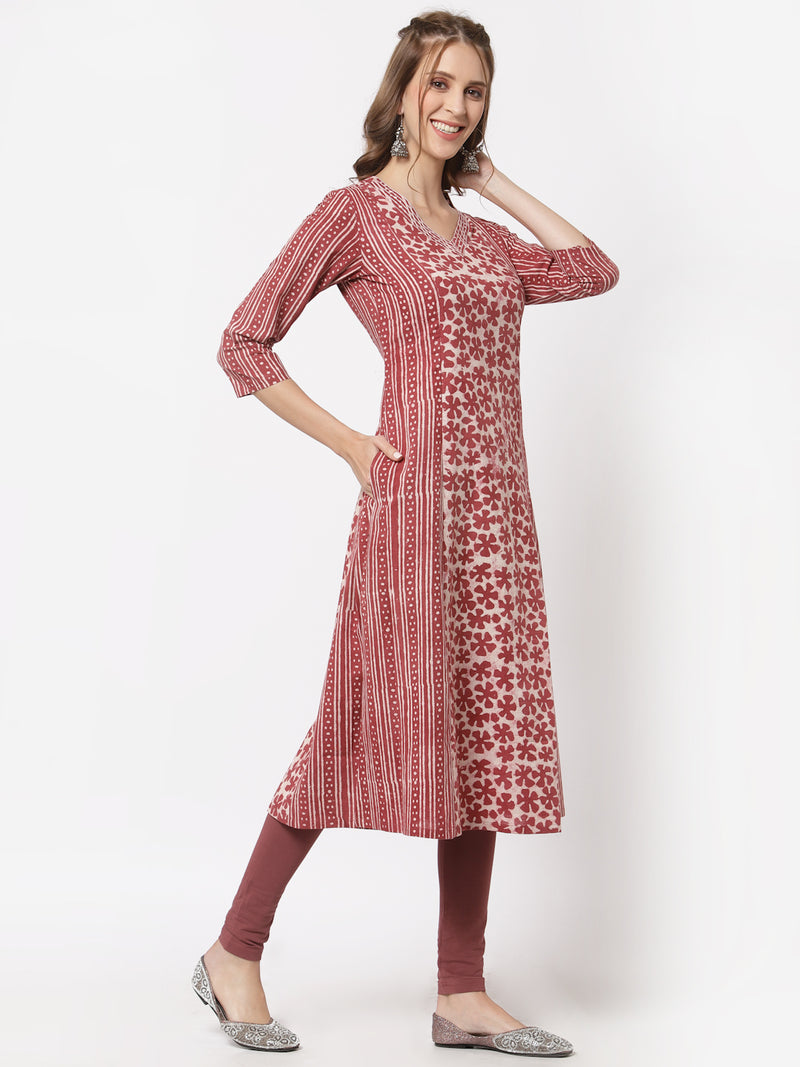 Udaan - Printed a line cotton kurta with stitch line details